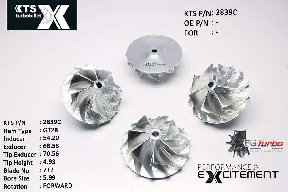 Turbo ROUE FORGÉE MFS PERFORMANCE - 7+7 PALES - INDUCER : 54,2 - EXDUCER : 66,56 - TYPE : GT28ANGLE : 60° - ROTATION : Forward - SUPER BACK : 2,32 - BORE SIZE : 5,99
